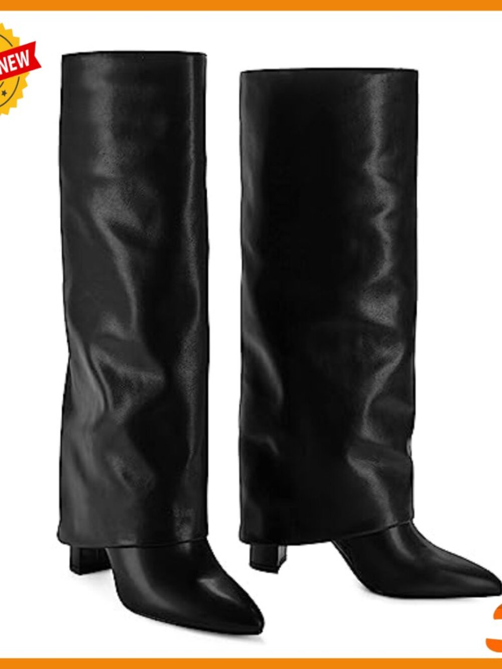 Knee High Boots Fold Over Chunky Heel Pointed Toe Zipper Tall Boots - Picture 4 of 7